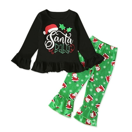 

Kids Toddler Baby Girls Boys Cotton Print Autumn Santa Christmas Ruffle Long Sleeve Bell Buttom Set Clothes For 2-3 Years