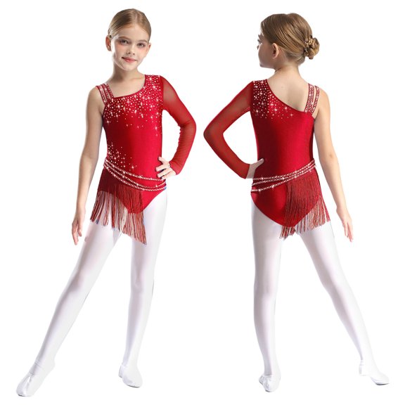 Hansber Big Girl's One Shoulder Ballet Dance Leotard Dress Latin Jazz Ballroom Dancing Bodysuit Figure Ice Skating Dress Burgundy 12