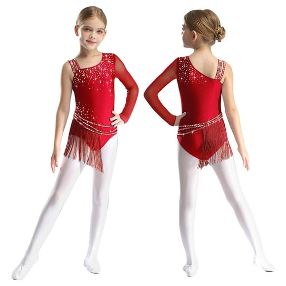 Xnihocha Combinaison de Danse Ballet pour Filles avec Franges Irrégulières Combinaison de Patinage Artistique Justaucorps à Franges Jazz Latin Bourgogne 6