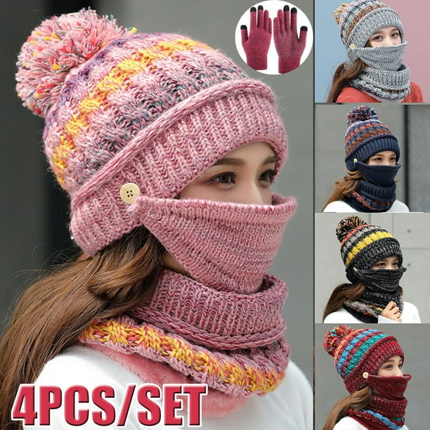 4PCS Fleece Lined Winter Hats for Women Knit Beanie Hat Scarf Mask