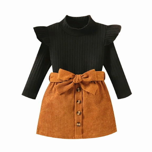 Toddler Girl Fall Winter Outfit Skirt Set Turtleneck Cotton Pullover Top Button Mini Skirt with Belt 1-5Y