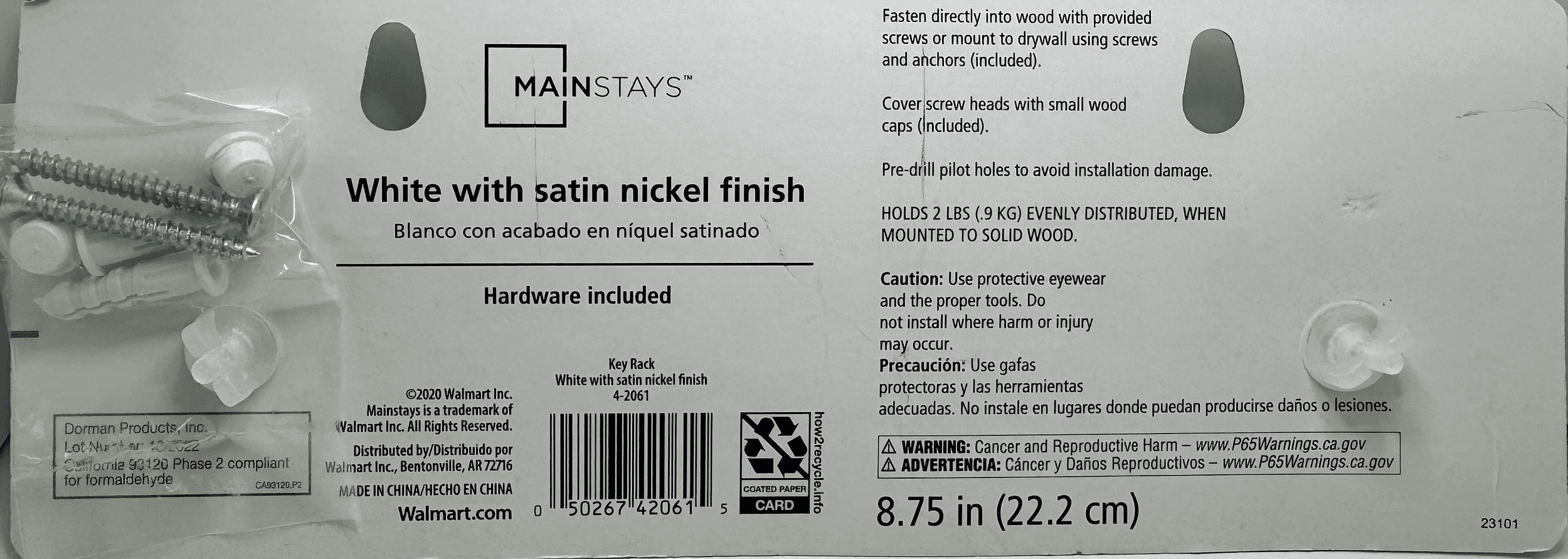 Mainstays White 8.75 inch Key Rail with 4 Satin Nickel Hooks for Keys, Mail, Leashes, 2 lbs Capacity, 1 Pack