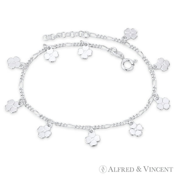 8x8mm 4-Leaf Clover Charm on & 2mm Figaro Link Italian Chain Anklet in .925 Sterling Silver