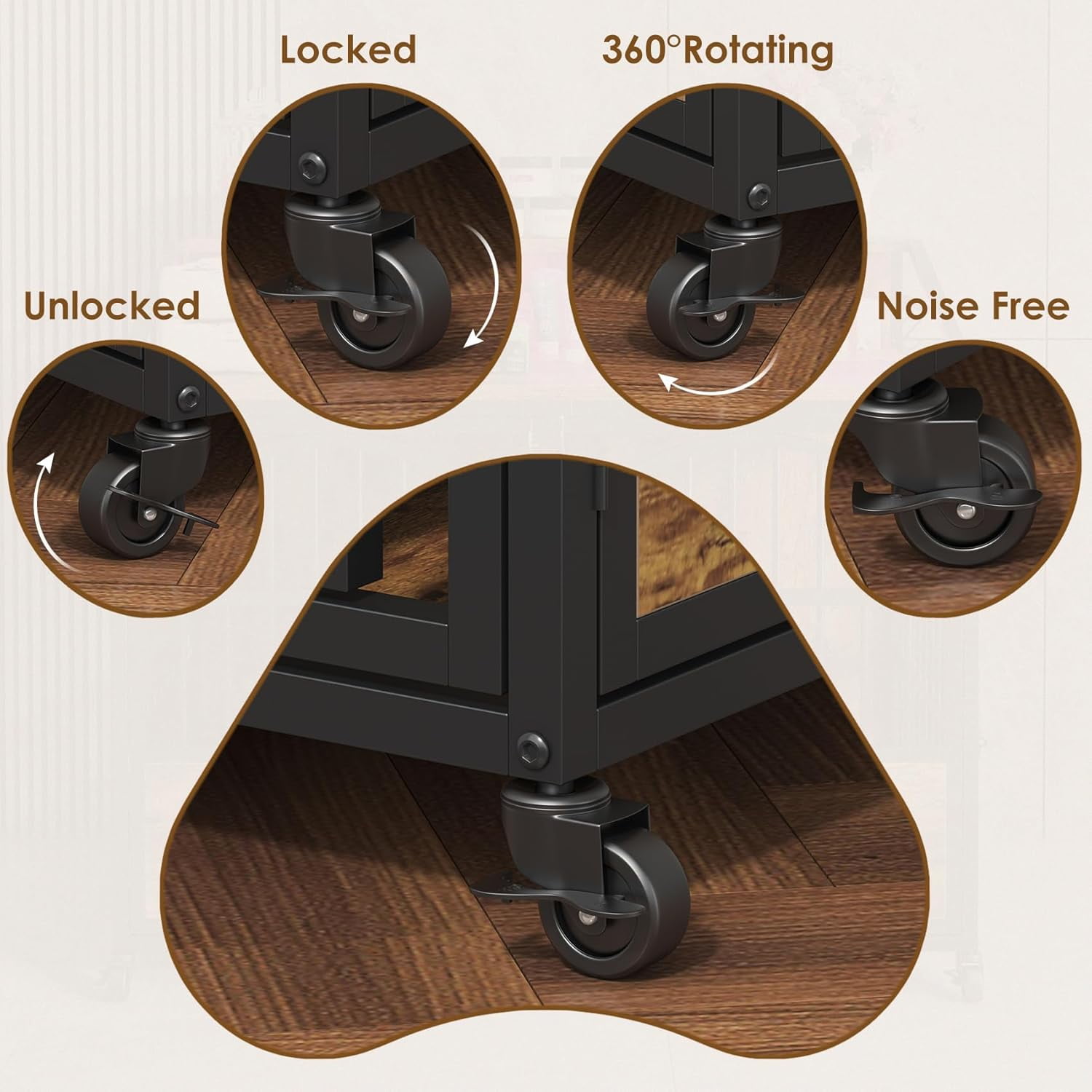 HAUXITIO 44" Heavy-Duty Dog Crate Furniture with 3 Doors, Locking Wheels & LED Light, Wood End Table Kennel for Large Dogs, 44.1"L x 26.8"W x 37.8"H