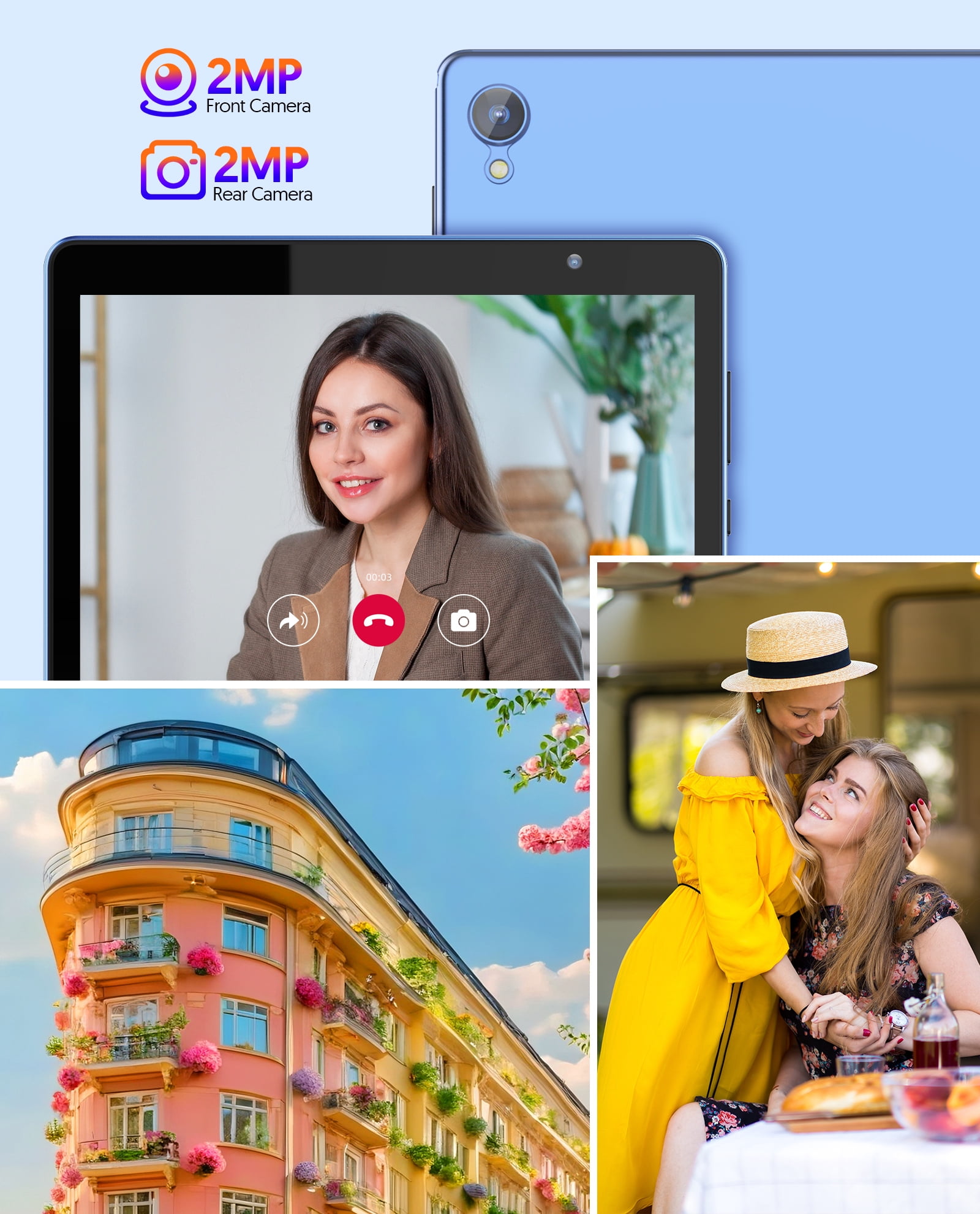 Android Tablet, 10 inch Android 14 Tablet, Quad-core CPU, RAM 4GB（2G+2G）, ROM 32GB (Up to 1TB), 800x1280 IPS, WiFi 6, 2MP+2MP, 6000mAh, Blue