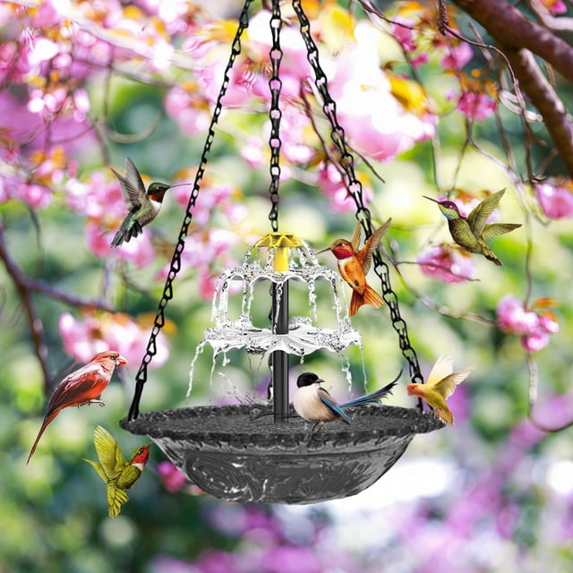Rewenti Bloom Outdoor Garden Floating Hanging Solar Bird Feeder Birdbath Fountain Water Decor
