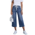 thumbnail image 2 of larppty Capris Jeans for Women Trendy Wide Leg Capri Pants High Waisted Pull On Elastic Waist Summer Stretch Denim Jeans (Dark Blue, M), 2 of 6