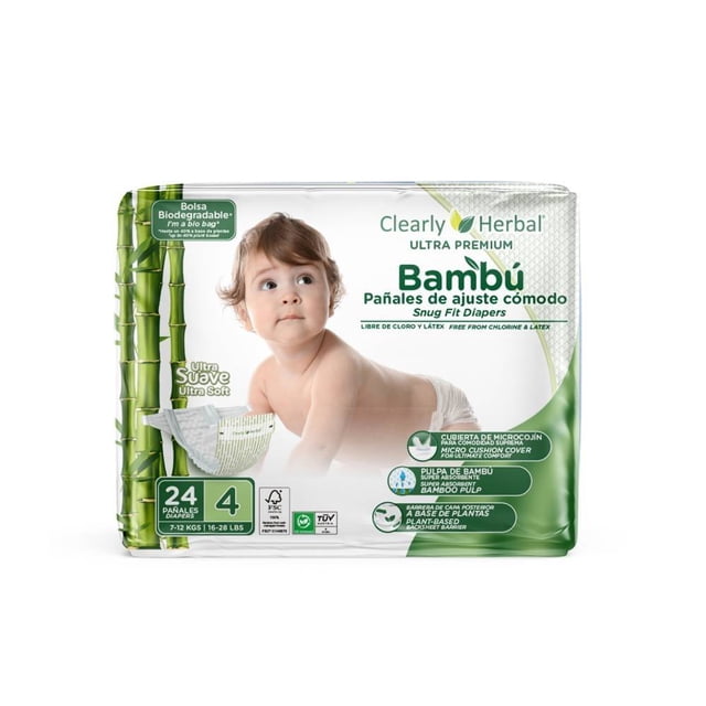 pañales clearly herbal bamboo etapa 4 unisex 24 piezas paquete frontal con bebé en postura lateral, logotipo Clearly Herbal y palabra "Bambú" visibles; empaque indica 24 piezas y etapa 4, menciona cubierta super suave de microperlas no tejidas y pulpa de bambú súper absorbente, fondo blanco con gráficos de caña de bambú.
