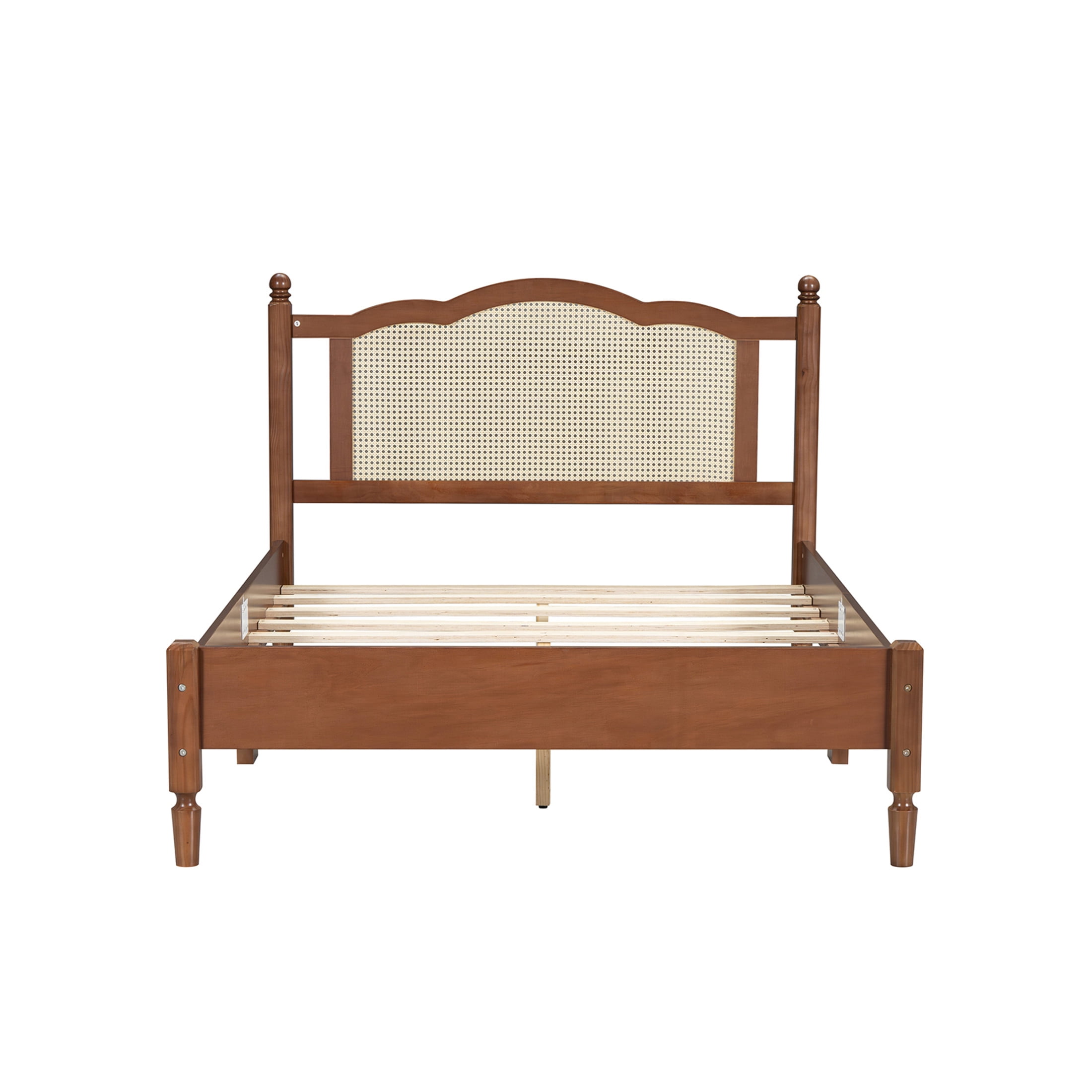 Noble House Full Size Wooden Platform Bed with Natural Rattan Headboard,Wooden Slat Support,Walnut