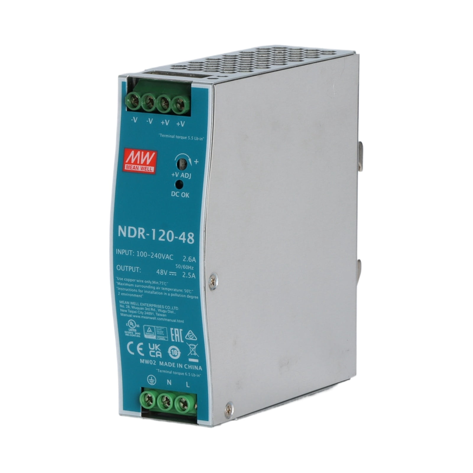 Feedannce 48V/2.5A, 120W DIN Rail Power Supply, for Automation & Control MEAN WELL NDR-120-48