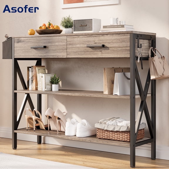 39" Wood Console Table with 2 Drawers, Asofer Skinny Entryway Sofa Side Table with 3 Tier Storage Shelves, Gray