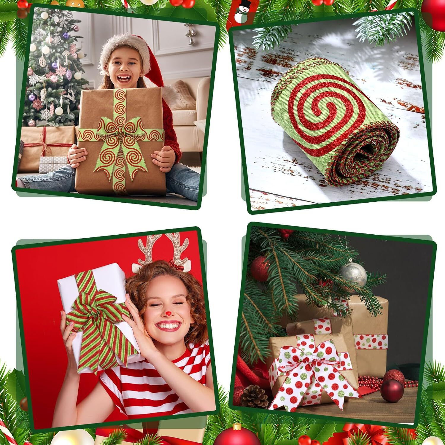 5 Roll Christmas Ribbon Wired, 2.5 Inch Red and Green Christmas Ribbon for Wreaths Bows, Tree Garland DIY Xmas Crafts Christmas Decorations