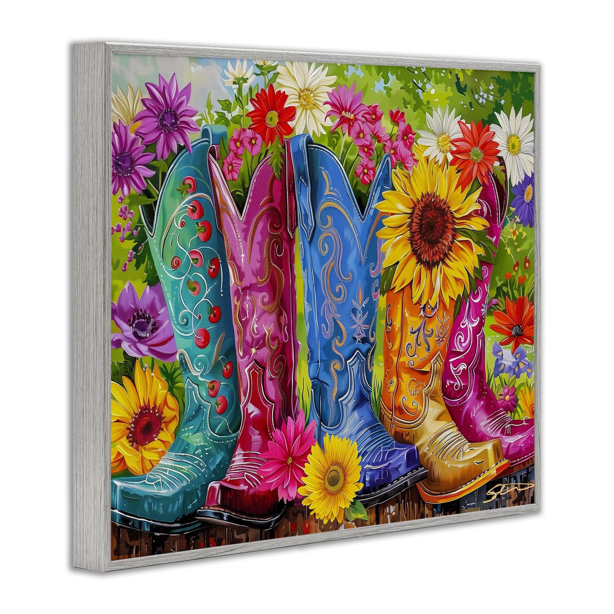 Cowboy Boots and Sunflowers Gray Framed Giclee Art, design by Shawna Stewart