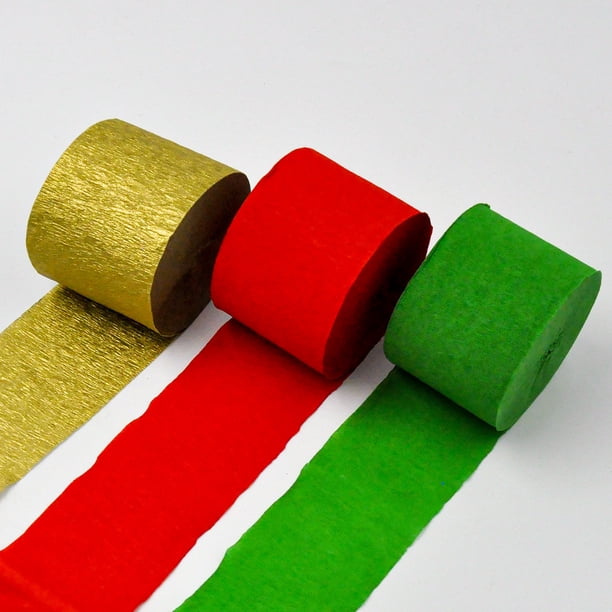Xiao Hua Serpentinas de papel crepé (3 rollos), paquete de papel crepé dorado, rojo y verde para decoración de cumpleaños y baby shower (4,5 cm x 22,8 m/rollo)