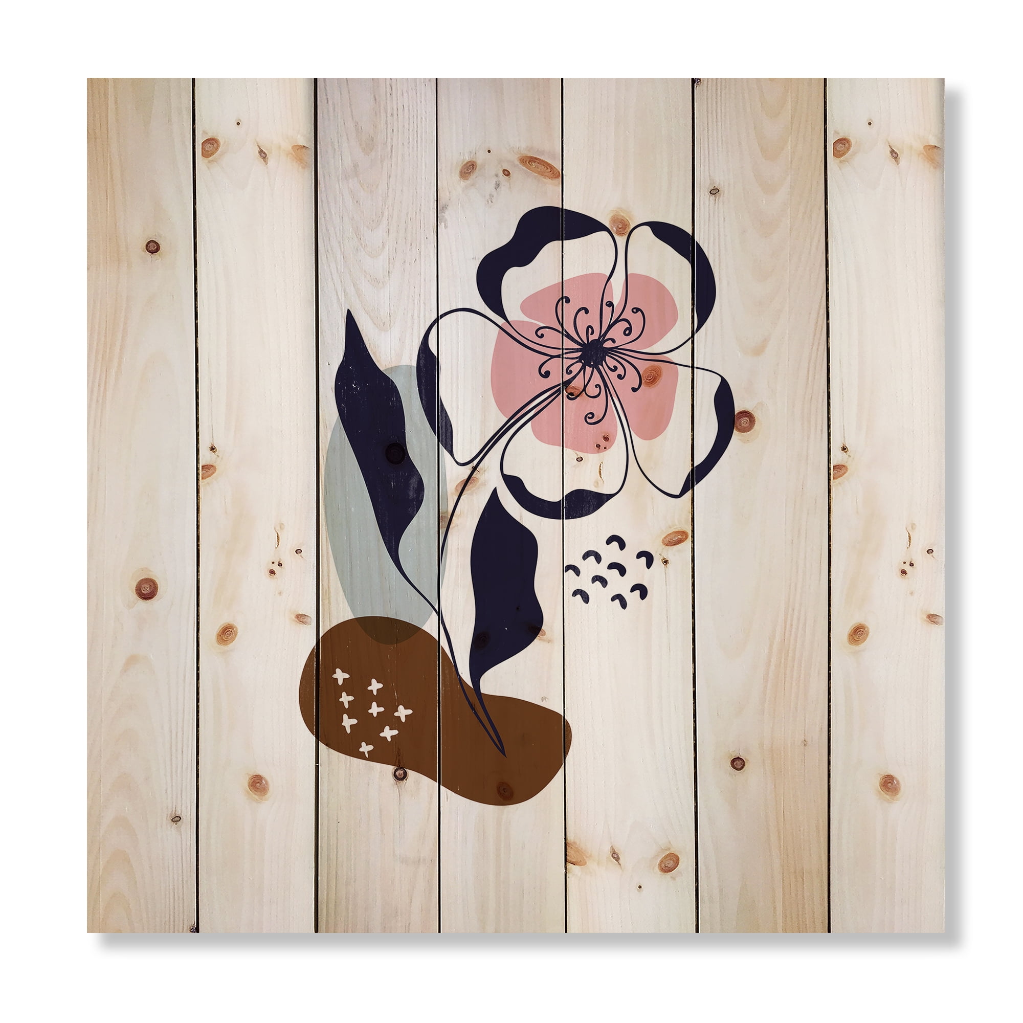 Designart 'Abstract Minimal Shapes Under Flowers IV' Modern Print on Natural Pine Wood