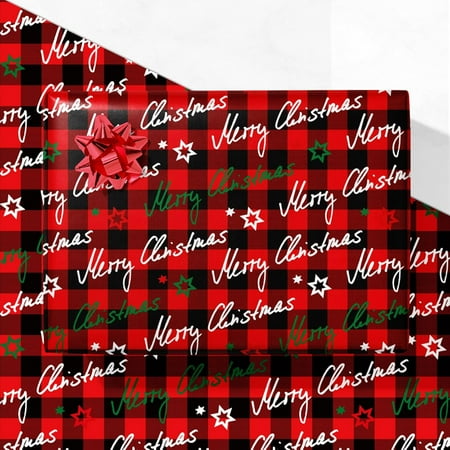 MaxxMarket Merry Christmas Wrapping Paper for Kids Adults - Holiday Gift Wrap in Red & Black Buffalo Plaid with Handwritten Script and Stars - 4 Jumbo Sheets, 28″×40″ Each, Easy to Store