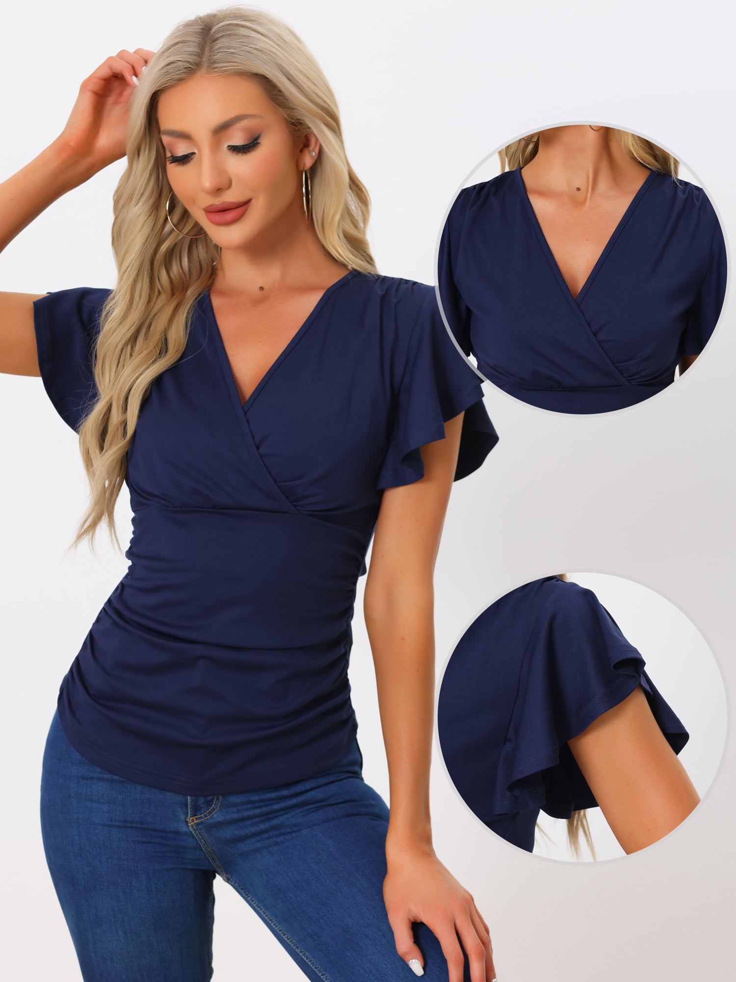 DARING DIVA Women's Stylish V Neck Cinched Waist Ruffle Sleeve Blouse M Dark Blue
