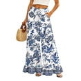 thumbnail image 3 of Boho Print Palazzo Pants for Women, High Waist Drawstring Wide Leg Trousers - Summer Flowy Ruffle Hem Lounge Bottoms Blue M, 3 of 7