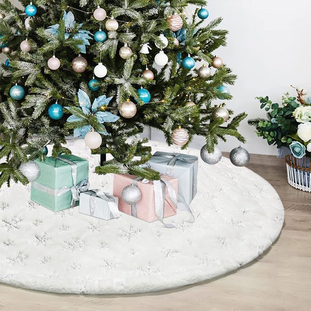 Falda para árbol de Navidad Dremisland, piel sintética blanca y plateada, 122 cm