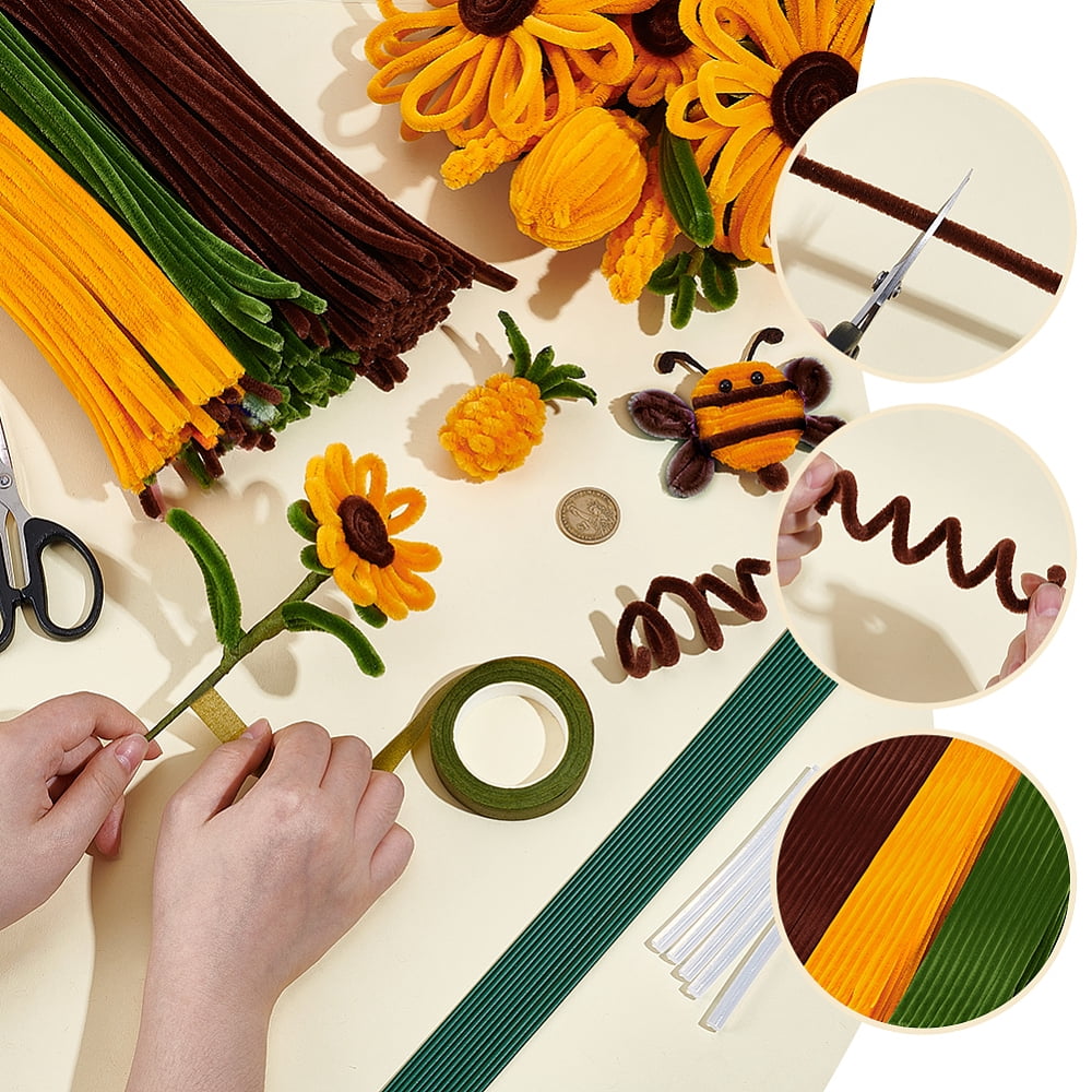 300Pcs DIY Plush Sticks with Paper Floral Adhesive Tape for Bouquet Stem Wrap 30Pcs Plastic with Iron Floral Stem 5Pcs Hot Melt Plastic Glue Sticks