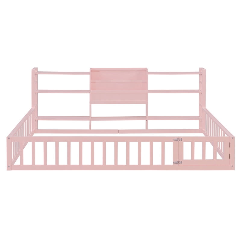 Full Size Floor Bed Platform Bed with Side Bookcase and 3-Tier Storage Shelves, Solid Wood Low Profile Montessori Floor Bed with Safety Guardrails for Kids, Boys, Girls