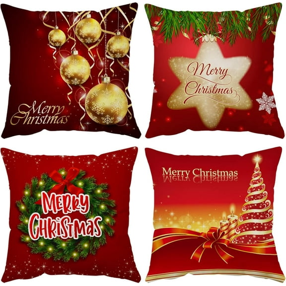 Set of 4 Christmas Pillow Covers 16x16 Inch Merry Christmas Pillow Cases Christmas Velvet Throw Pillow Covers Red Gold Xmas Holiday Pillow Covers Outdoor Couch Sofa Cushion Covers for New Year(16)
