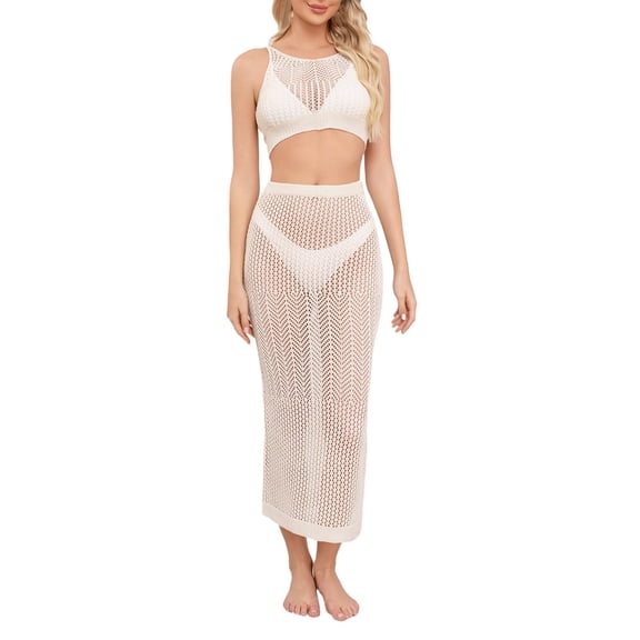 Lopeceal 2Pc Swimsuit Cover Up For Women Crochet Hollow Out Crop Bikini Cover Up Top And Slit Midi Skirt Elegant Fashion