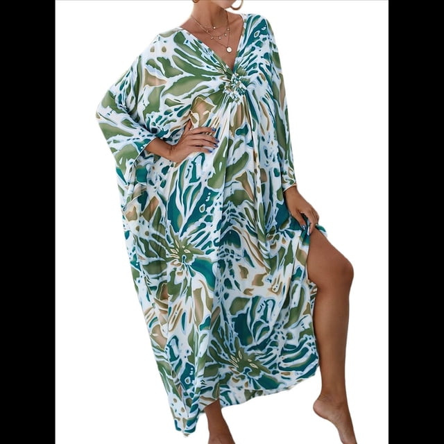 Vestido Caftán con Estampado Animal para Mujer, Talla Grande, para Playa, Verano 2025 Verde y Amarillo Talla Única