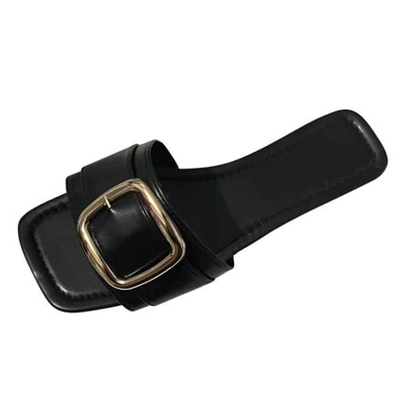 

Ladies Fashion Solid Color Leather Metal Belt Buckle Decorative Open Toe Flat Sandals Womens Slippers Size 8 Slippers for Women
