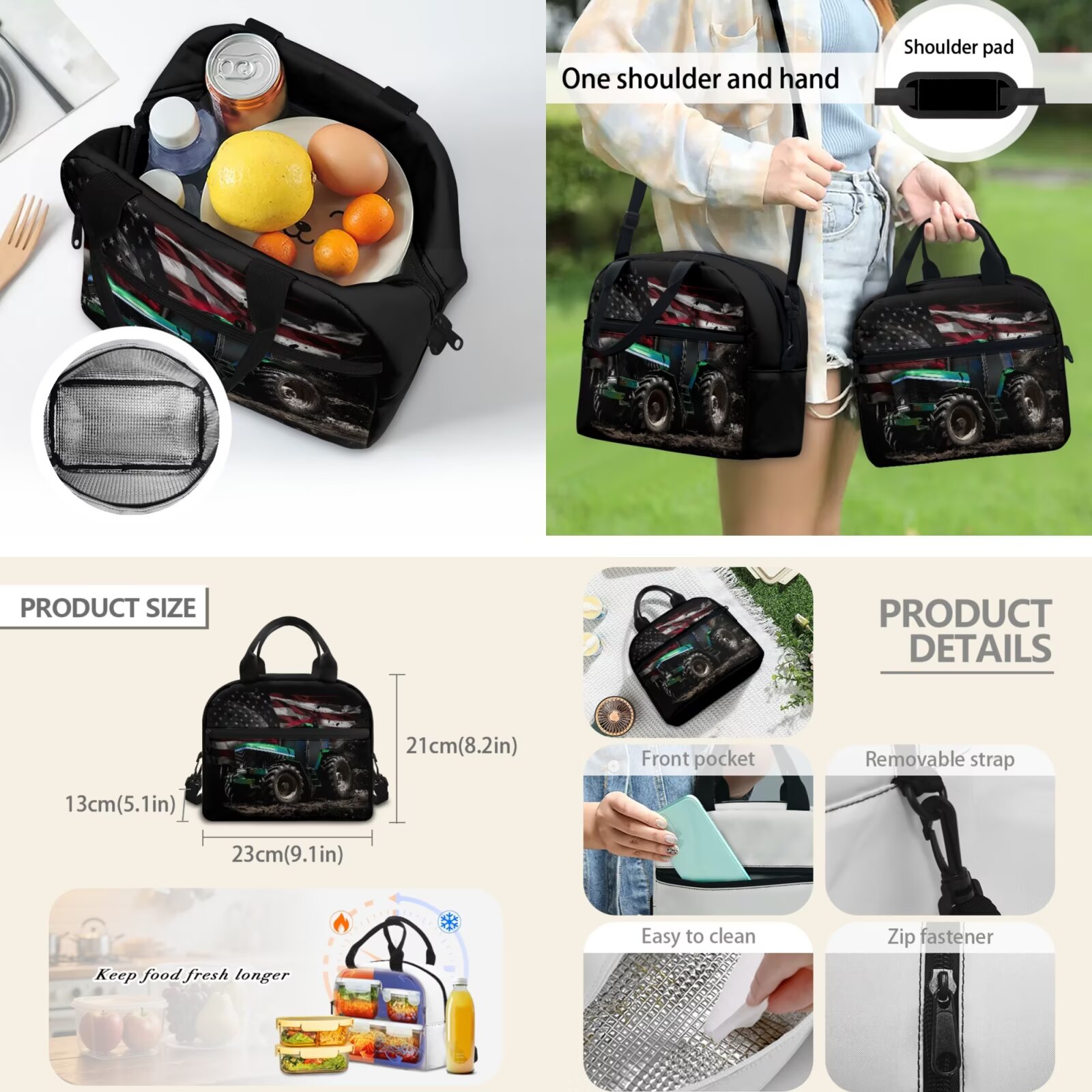 Set de mochila y lonchera para niñas, 4 piezas, para primaria, de 6 a 8 años, resistente al agua, gran capacidad, con correas acolchadas, estampado de tractor con bandera americana 4