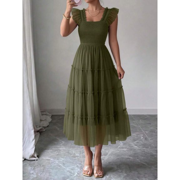 Army Green Womens Square Neck Ruffle Sleeve Tiered Tulle Midi Dress For Party Wedding Guest