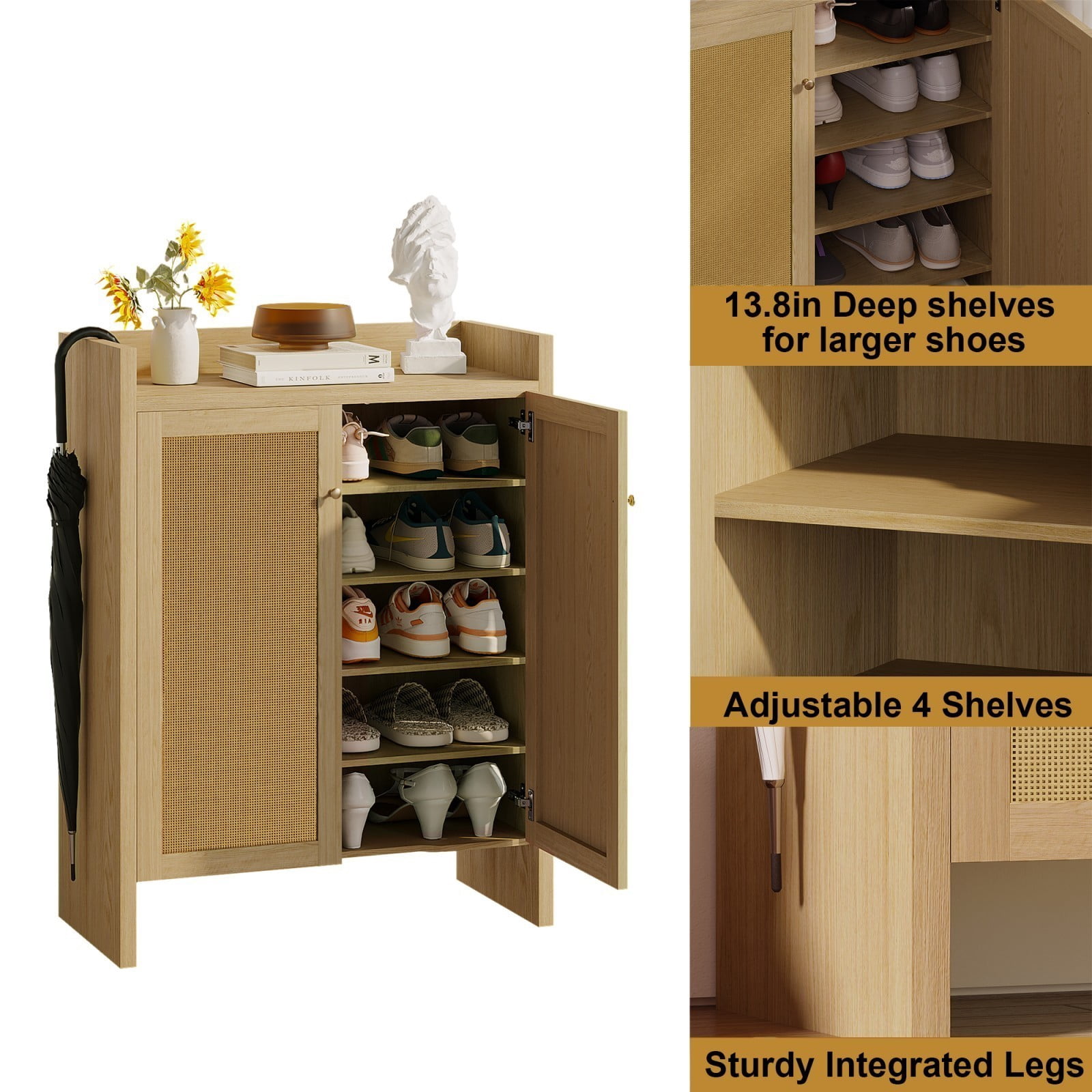 42.5" Tall Rattan Shoe Cabinet with Doors, 6-Tier Wooden Shoe Storage Organizer with Adjustable Shelves for Entryway Hallway, Natural