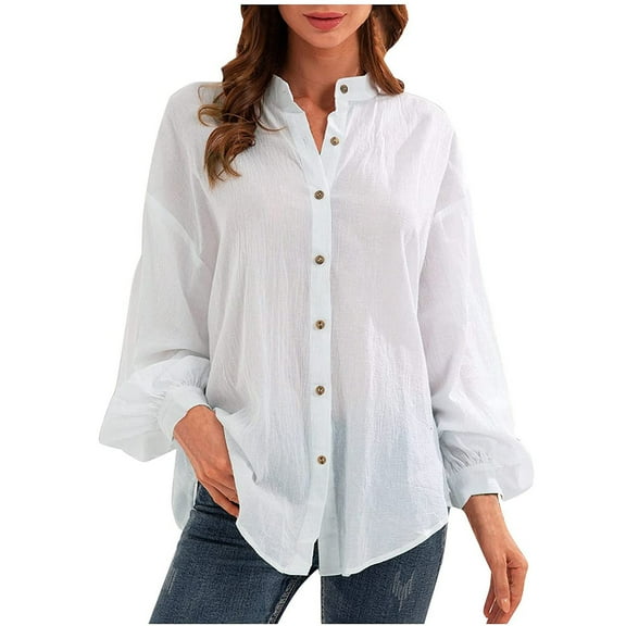 Honeeladyy Sales Cotton Linen Blouses for Women Casual Long Sleeve V-neck Blouse Official Formal Stretch Summer Loose Fit Tops