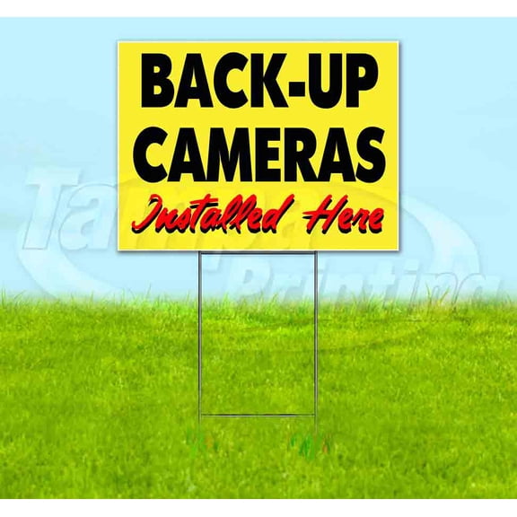 Back-Up Cameras Installed Here Yellow Cursive (18" x 24") Yard Sign, Includes Metal Step Stake
