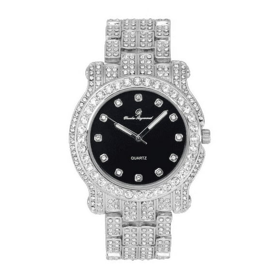 Charles Raymond Bling-ed Out Ultimate Hip Hop Royalty Mens Watch w/Easy Reader Roman Numeral or Iced Out Diamond Time Indicators - Bright Colored Dials -L0504DX SLV BLK.
