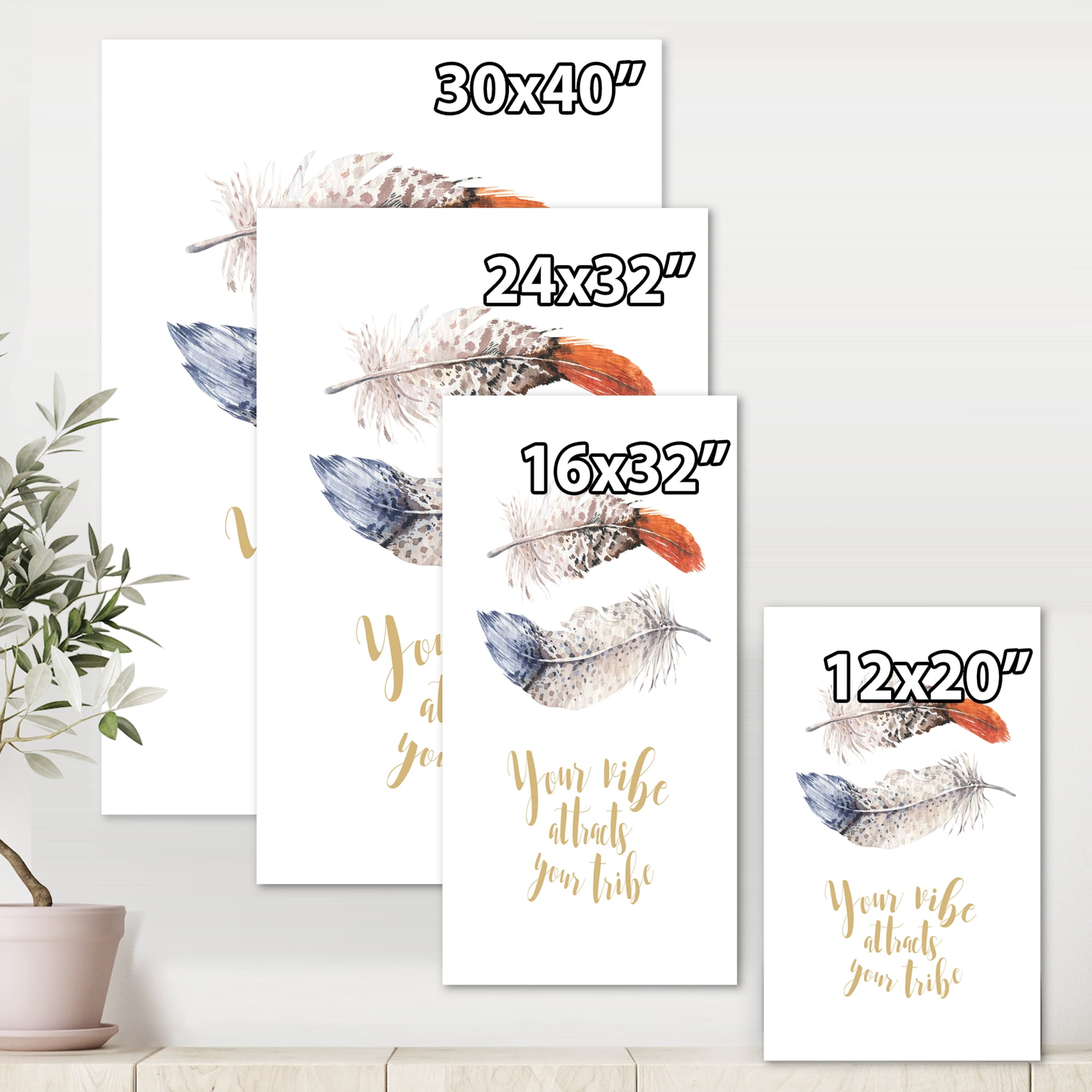Designart ' Your VIbe Attracts Your Tribe Two Feathers ' Bohemian & Eclectic Canvas Wall Art Print