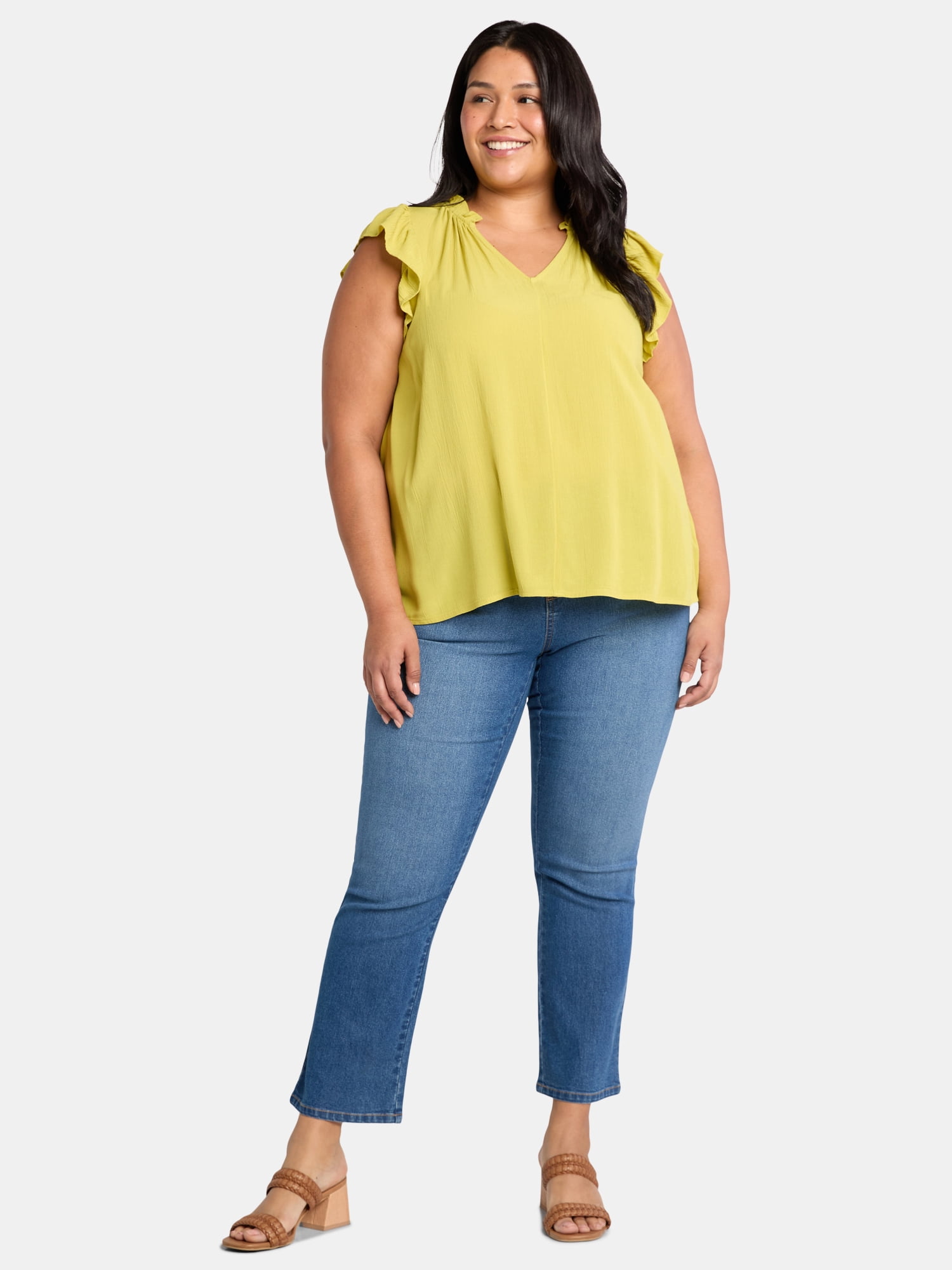Terra & Sky Women's Plus Size Ruffle Neck Blouse with Flutter Sleeves, Sizes 0X-5X