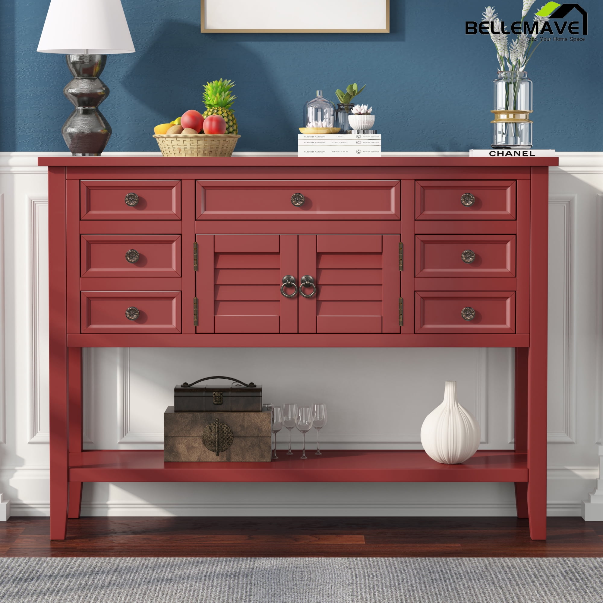 Bellemave Vintage Console Table Buffet Sideboard with 7 Drawers, 1 & Bottom Open Shelf