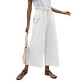thumbnail image 1 of DYMADE Women Elastic Waist Solid Color Cotton Linen Drawstring Wide Leg Pants Loose Capris, 1 of 4