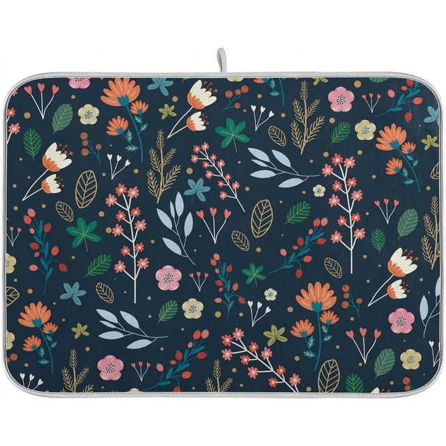 Colorful Flower Dish Drying Mat 16x18 Inch Navy Blue Wildflower Microfiber Drying Mat for Kitchen Counter Coffee Bar Highly Absorbent and Stylish Kitchen Decor
