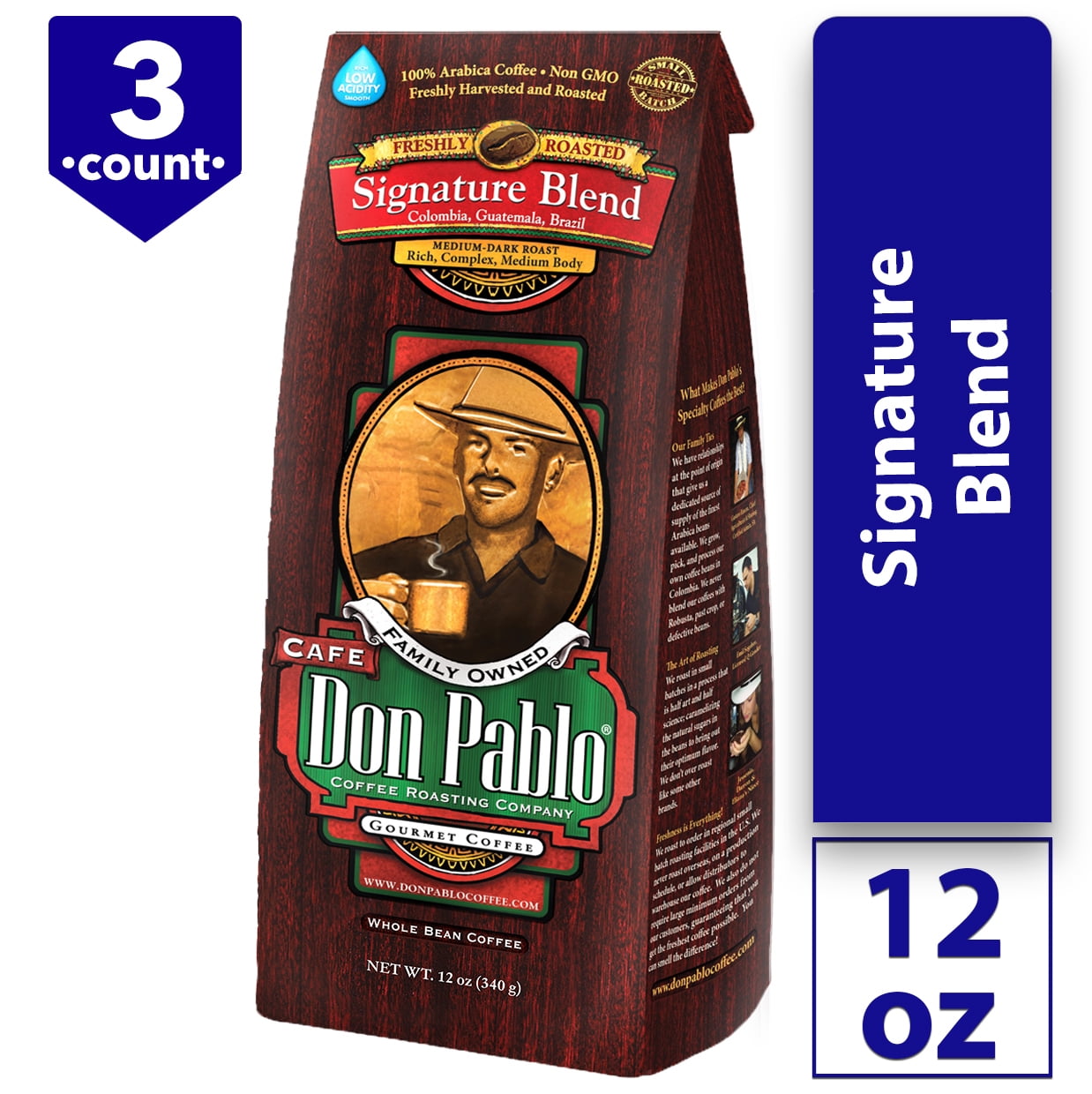 Don Pablo Signature Blend Whole Bean Coffee, Medium-Dark Roast, 12 oz, 3 Pack