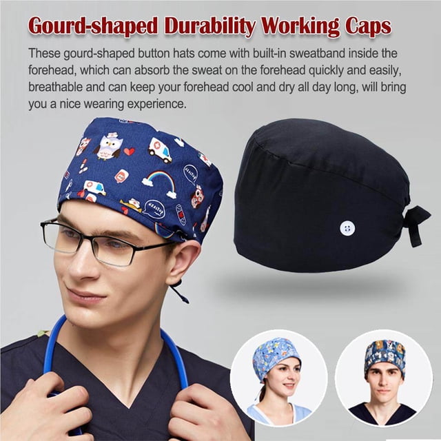 Langgg 6 Pieces Working Caps Doctors Gourd-shaped Long-time Service Pure Color Dull Polish Button Assorted Colors Unisex Operating Hats Blue adjustable black Buckles