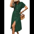 thumbnail image 2 of Vestido Informal de Verano para Mujer, de Color Liso, con Mangas , Botones y Cuello en V, con Bolsillos. Verde Tinta L, 2 of 10