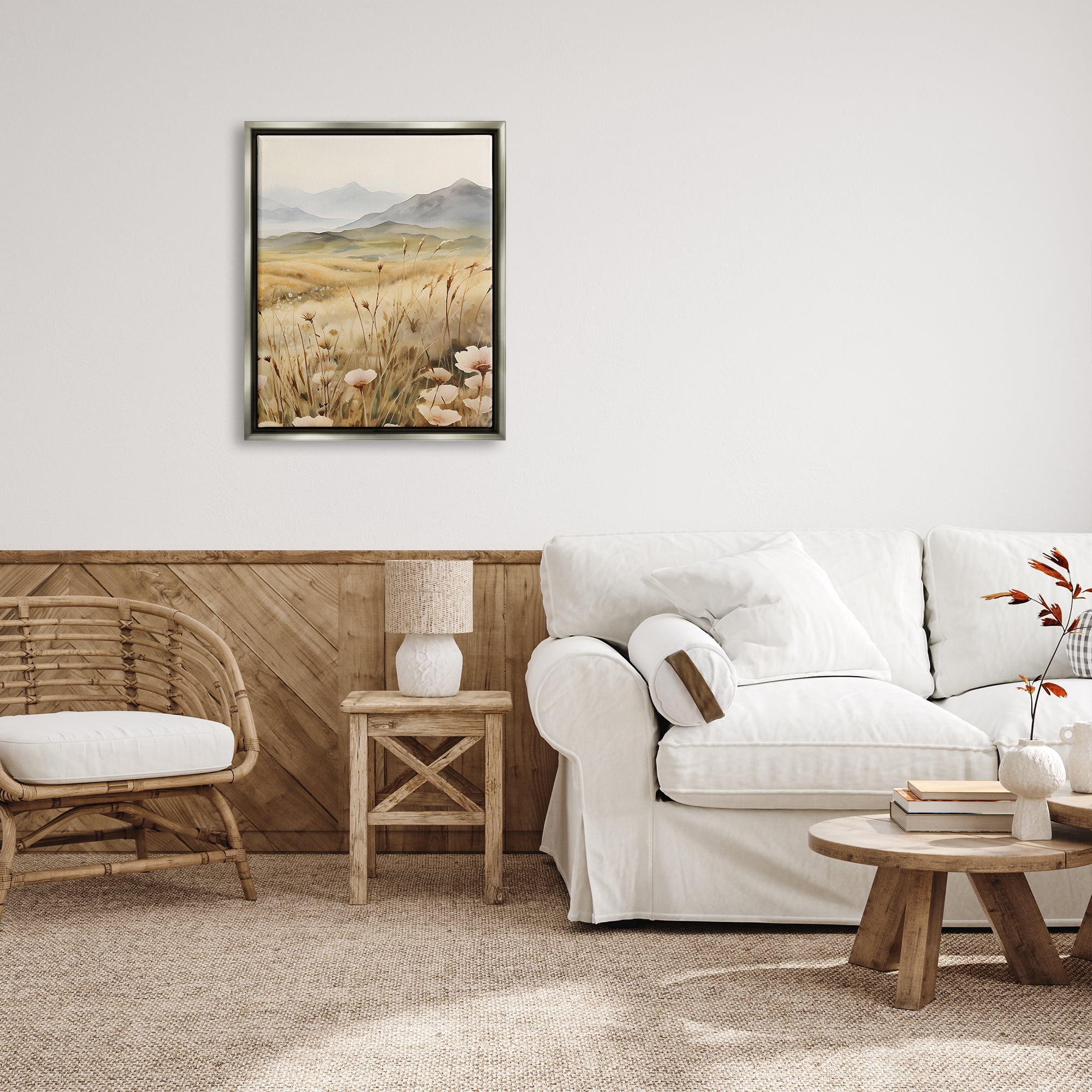 Stupell Industries Mountain View Meadow Landscape Painting Gray Floater Framed Canvas Art Print Wall Art, 25 x 31