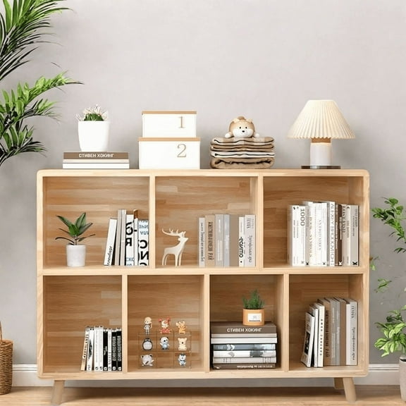 WARMMUSE 7-Compartment Storage Cabinet, Solid Pine Wood Cubby Storage Shelf with Legs for Books, Decor, and Toys, 45.5"L x 45.47" W x  29.1"H, Natural Wood