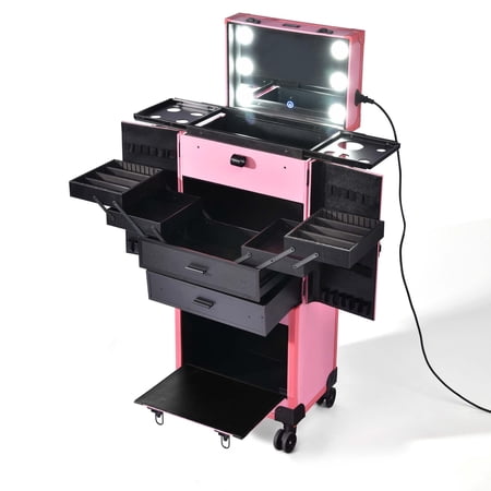 Byootique Pink Rolling Makeup Case on Wheels Pro Cosmetic Artist Hair Stylist Barber Trolley Multifunction Lighted Lockable