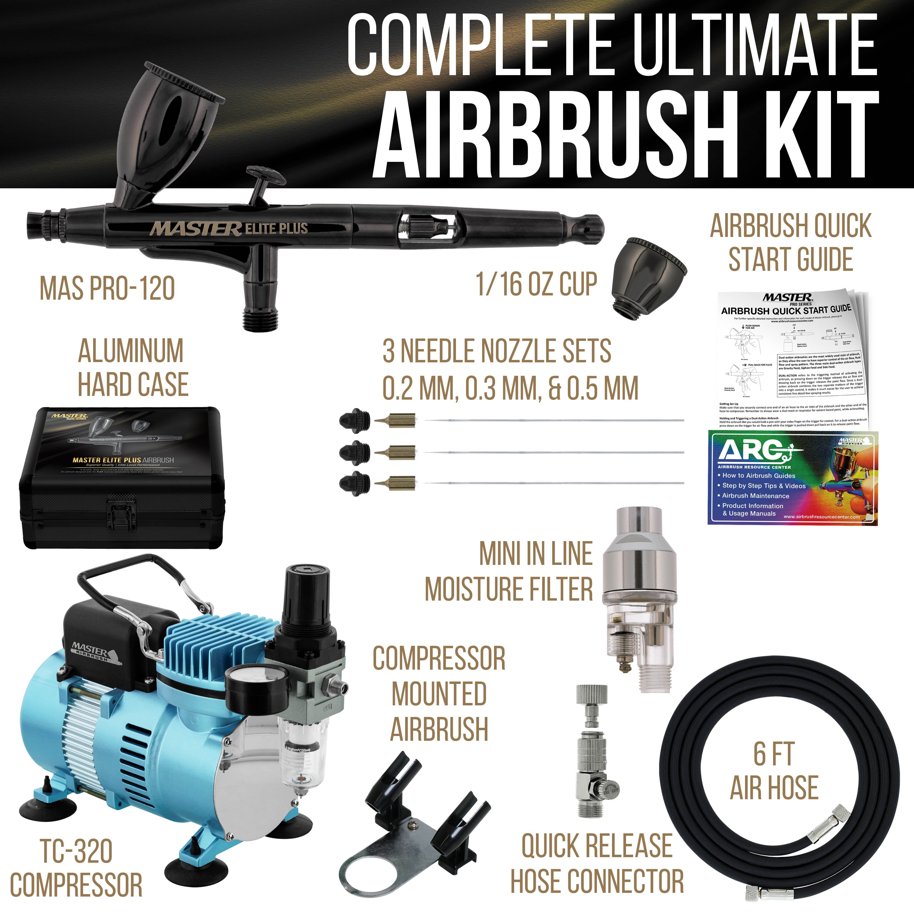 Master Airbrush Cool Runner II Dual Fan Air Compressor System Kit with Master Elite Plus Ultimate Airbrush Set with 3 Tips 0.2, 0.3 and 0.5 mm, Case, Dual-Action, 2 Cups Hose Holder, Filter - Hobby