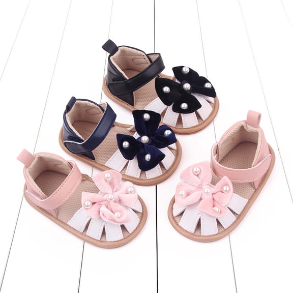 Jinhomg Little Girls Sandals Cute Bowknot Closed Toe Flats Breathable Comfy Soft Soles First Walking Shoes Black 9-11 Months