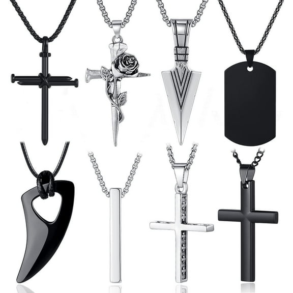 8PCS Mens Black Silver Stainless Steel Necklace, Cross Pendant Necklace 16-24 in