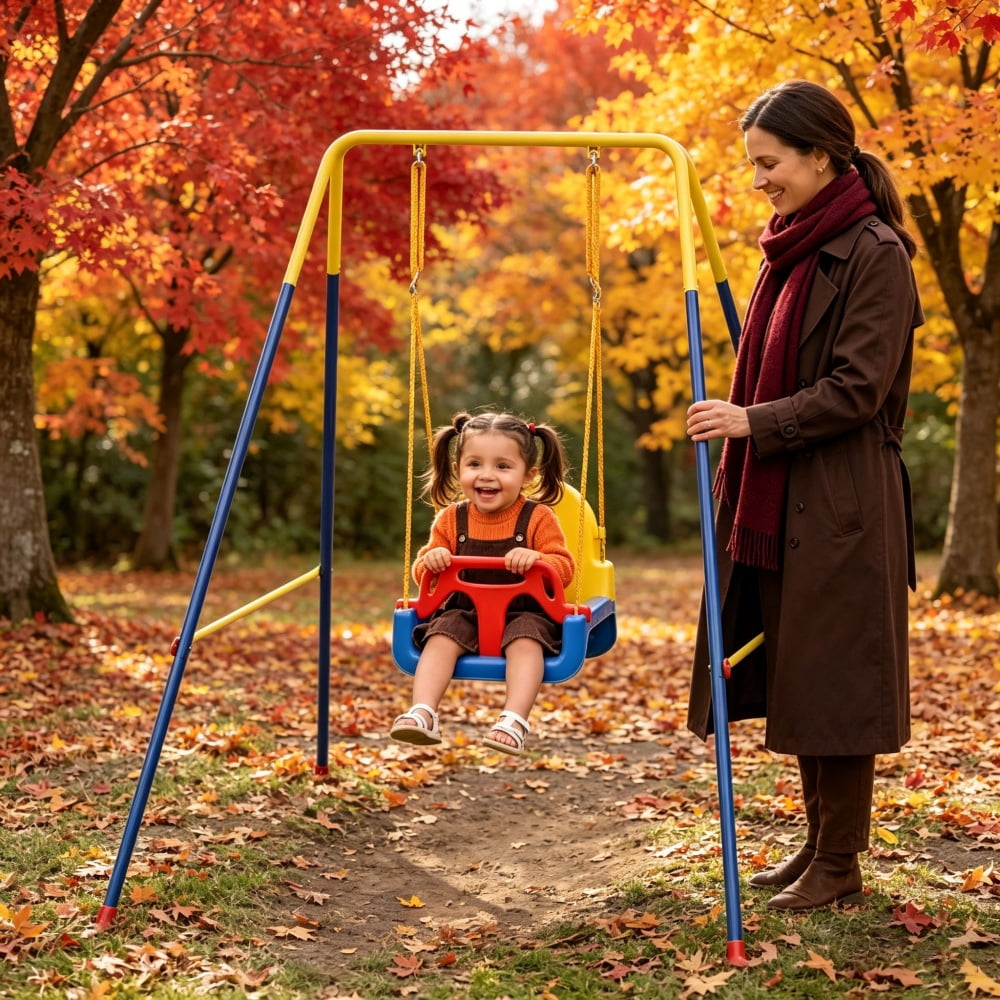 3-in-1 Kids Swing, Adjustable Height A-Frame Swing Set, Foldable Metal Swing with Safety Belt for 9 Months-8 Years, Indoor Outdoor Garden Patio